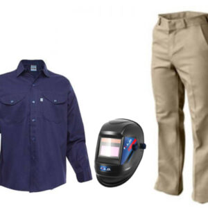 [Combo Operario] Camisa Productivo hasta talle 48 (beige o azul) + Pantalón Productivo hasta talle 60 (beige o azul) + Máscara fotosensible K.L.D. Din 9-13 regulable (KLD1980)